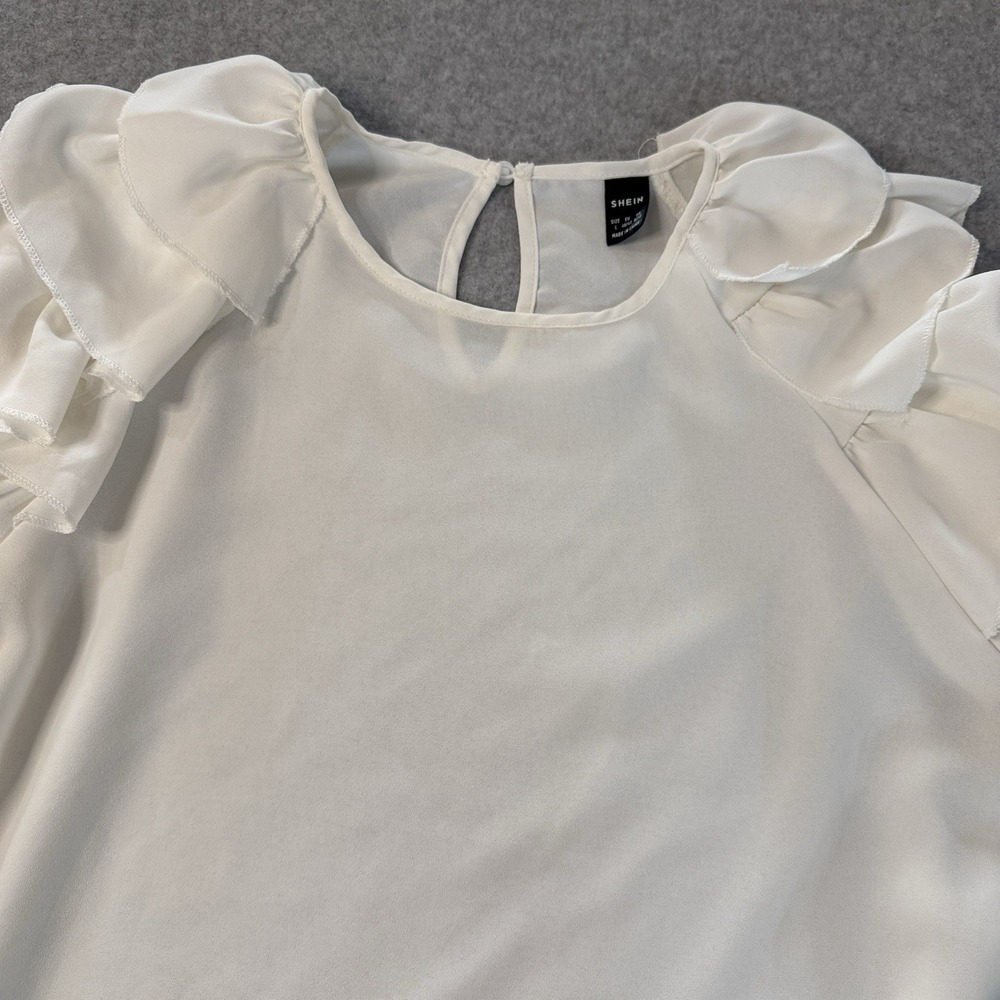 Shein White Ruffle Sleeve Blouse Size L Chiffon Top Keyhole Back Feminine Dressy